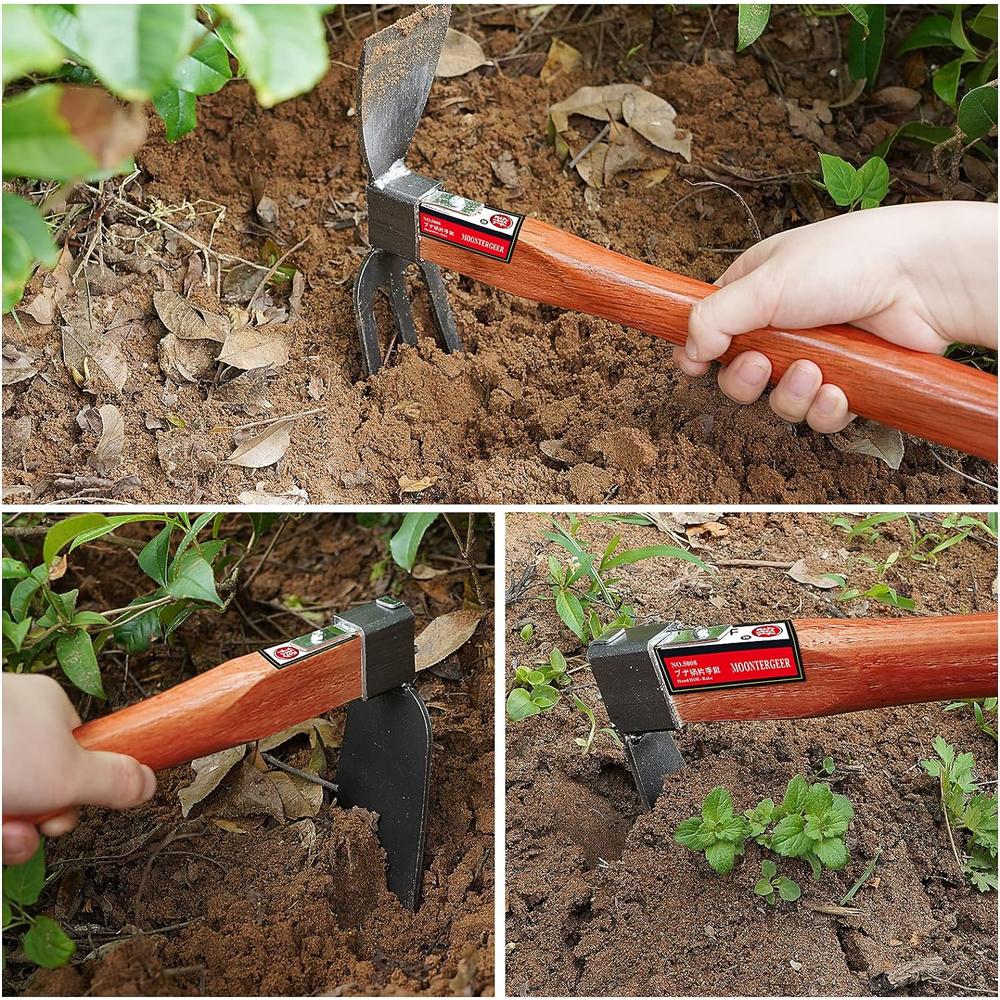 MOONTERGEER Hoe Garden Tools Cultivator Hand Digger Tiller Short Handle for Gardening loosening Soil Weeding Digging 15 in