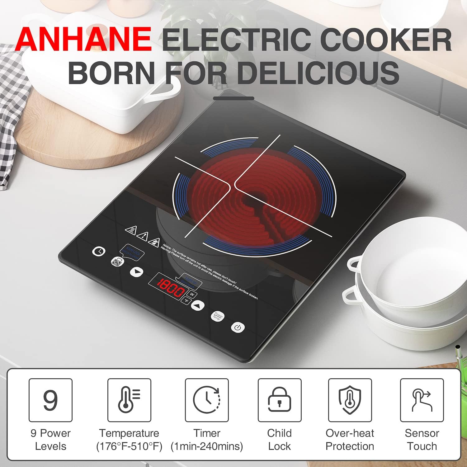 Generic ANHANE 1800W Electric Hot Plate Single Burner,Portable Electric Stove for Cooking,Infrared Burner,4-Hour Setting,Black Crystal