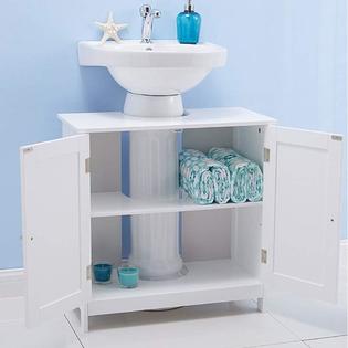 SSLine Under Sink Vanity Cabinet Free Standing Bathroom Sink Cabinet with Pedestal Hole White Bath Storage Cupboard w/Doors