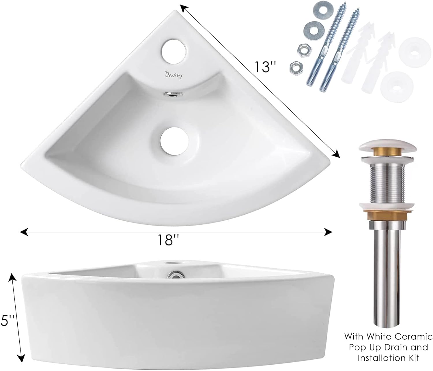 Davivy 18" x 13" Corner Bathroom Sink with Pop Up Drain and Installation Kit,Wall Mount Corner Sink,Ceramic Vessel Sink,Smal