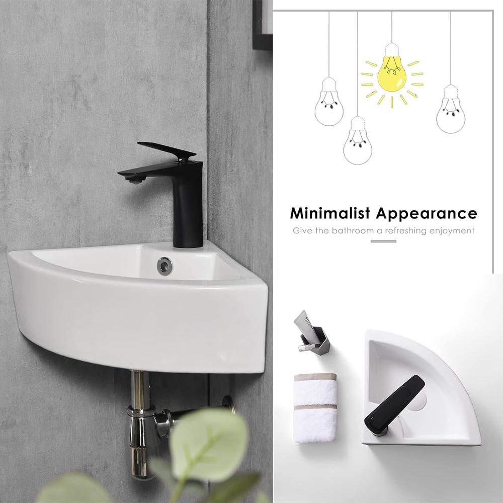 Davivy 18" x 13" Corner Bathroom Sink with Pop Up Drain and Installation Kit,Wall Mount Corner Sink,Ceramic Vessel Sink,Smal
