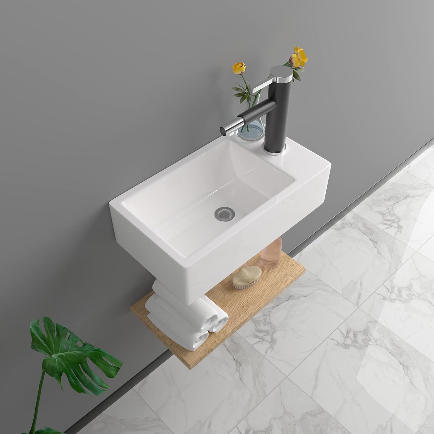 Lofeyo Floating Bathroom Sink Wall Mounted -  Modern Bathroom Vessel Sink Corner Mounted White Ceramic Porcelain Mini Small Rectangula
