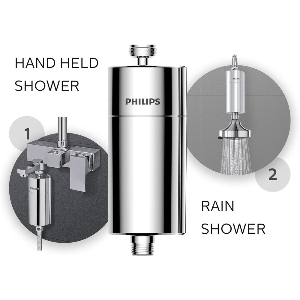 Philips Shower Filter 3-stage Water Softener, Double Mesh Filtration KDF Material, Reducing Chlorine/Impurities/Rust Sediments