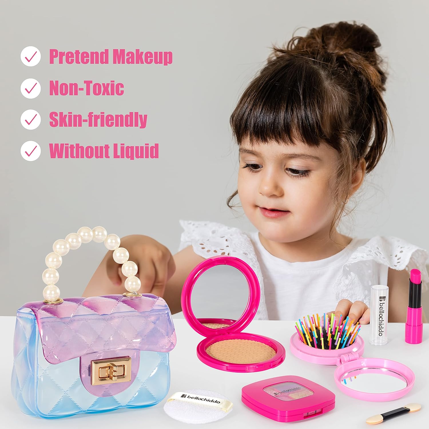 3 years and up BELLOCHIDDO Purse for Little Girls- Kids Makeup Kit for Girls,Princess Play Purse Toy with Cosmetics Accessories ,Pretend Play