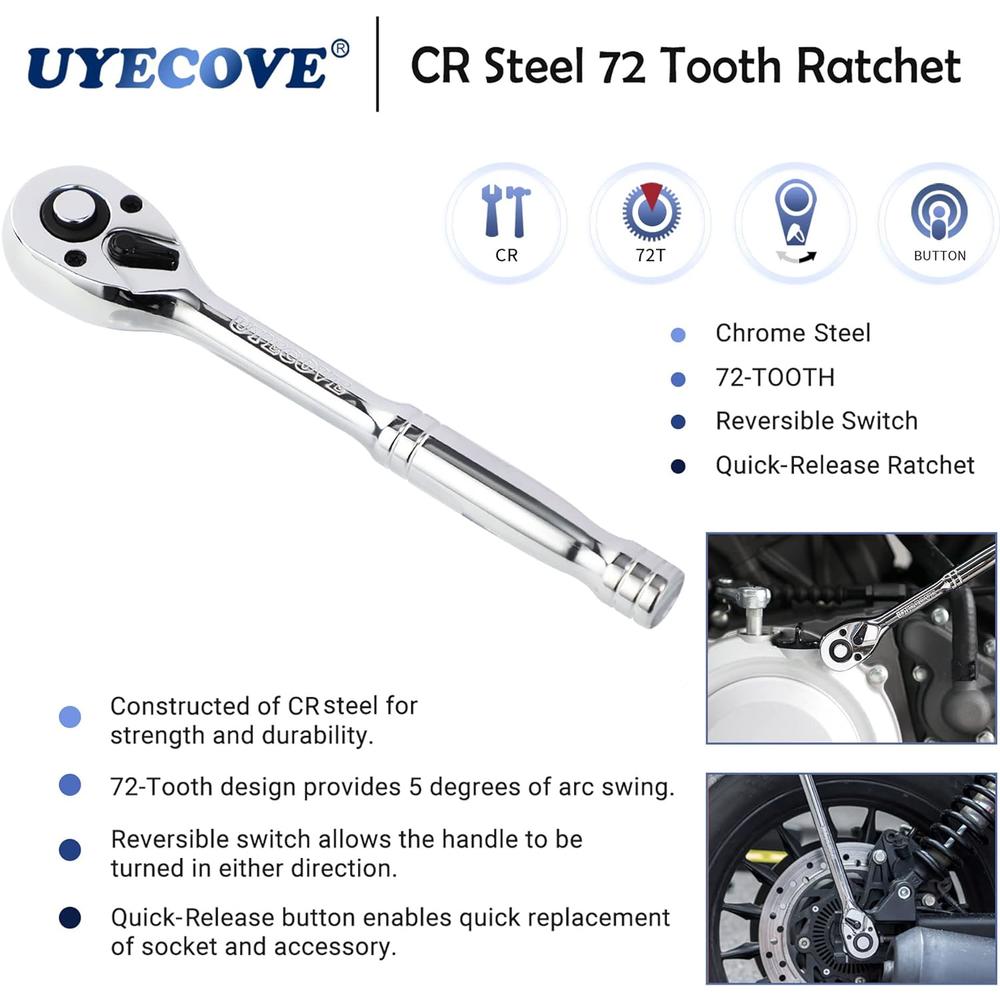UYECOVE Ratchet Wrench Set, 1/4", 3/8", 1/2" Drive Ratchet 3pcs Set, 72-Tooth Reversible Quick-Release Socket Wrench Set