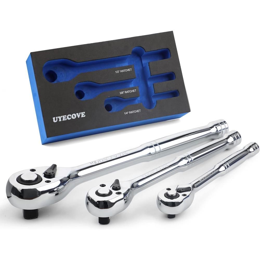 UYECOVE Ratchet Wrench Set, 1/4", 3/8", 1/2" Drive Ratchet 3pcs Set, 72-Tooth Reversible Quick-Release Socket Wrench Set