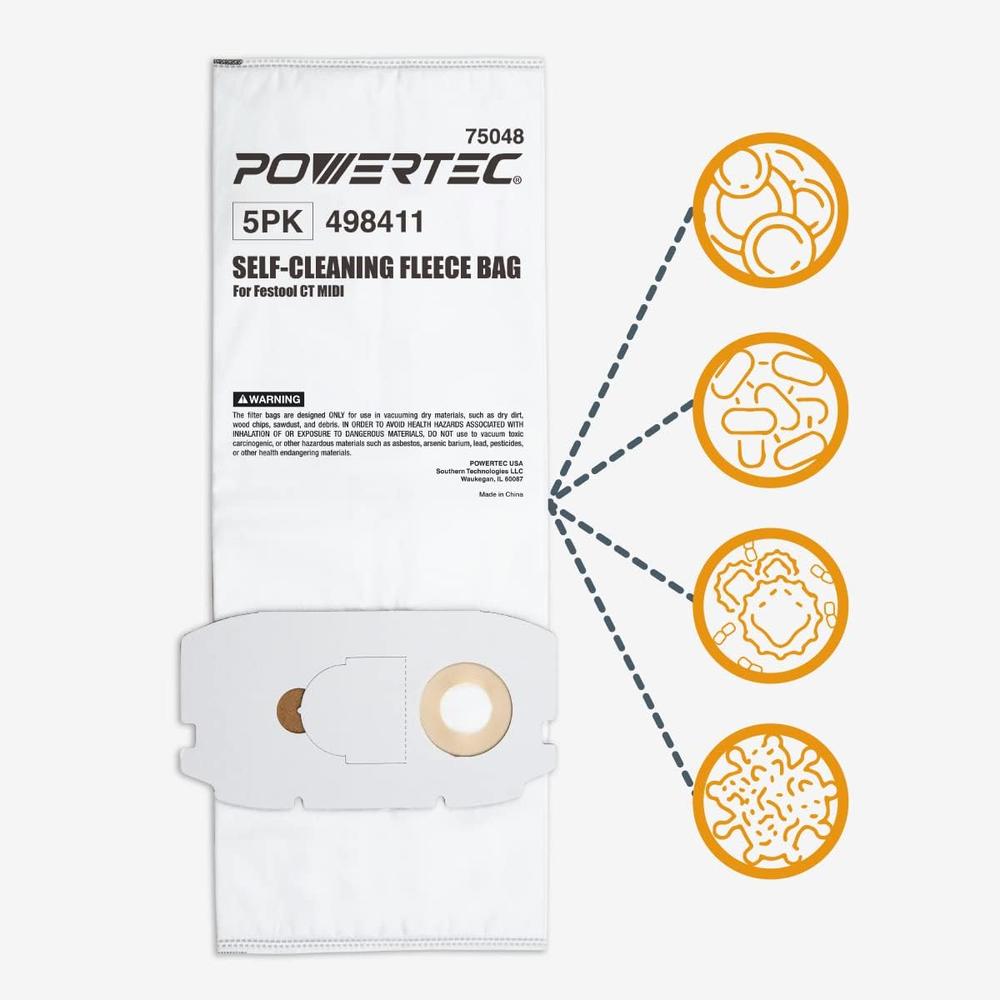 Powertec 75048 Fleece Filter Bags for Festool 498411 Fits CT Midi, 5PK