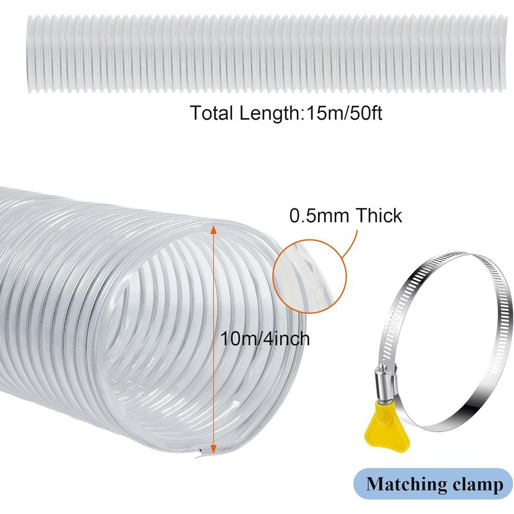 Amylove 4'' x 50' Flexible PVC Dust Collection Hose with Stainless Steel Hose Clamps Clear Vacuum Hose Dust Collection Fittings Dust Co