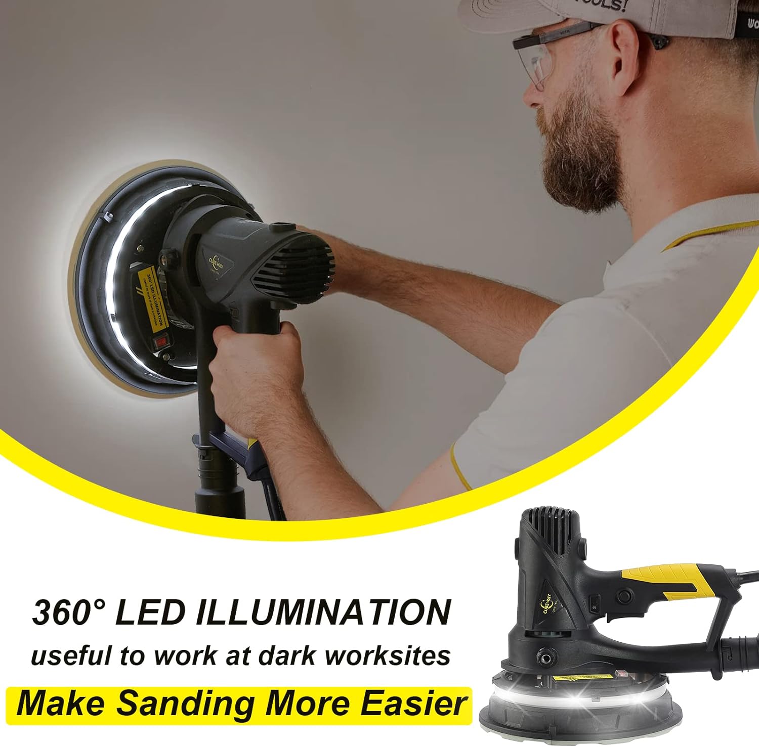 CUBEWAY Drywall Sander, Handheld Electric Drywall Sander with Vacuum Attachment and Variable Speed, Sheetrock Sander Machine with LED L