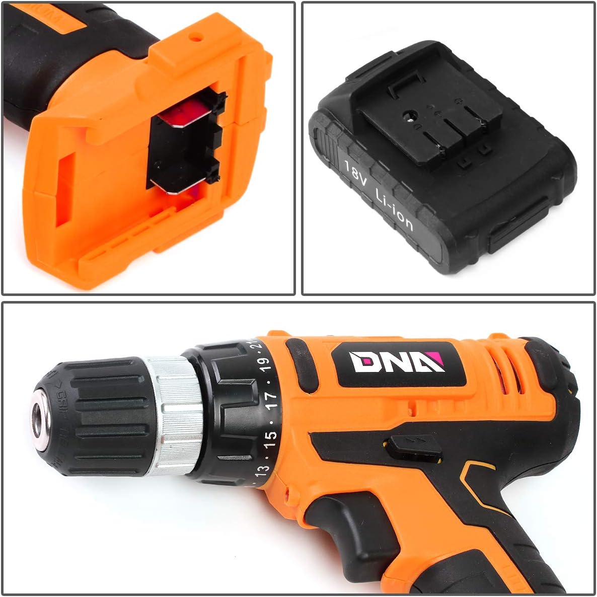 DNA Motoring TOOLS-00020 Orange 46 Pcs 18V Cordless Power Drill Driver Bit Set w/Charger+Screwdrivers+Pliers Home Repair Kit