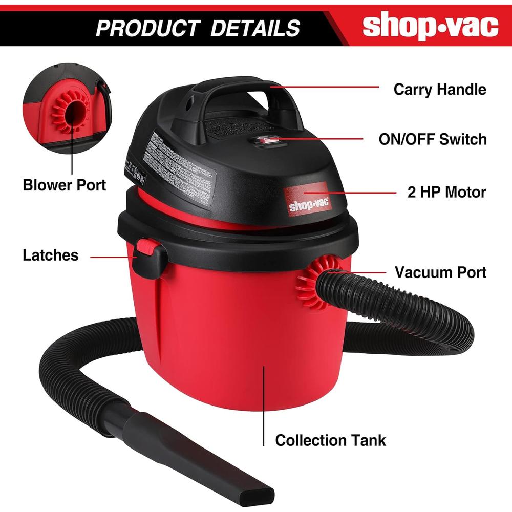 Shop-Vac 2.5 Gallon 2.0 Peak HP Wet/Dry Vacuum, Portable Compact Shop Vacuum with Top Handle, Wall Bracket