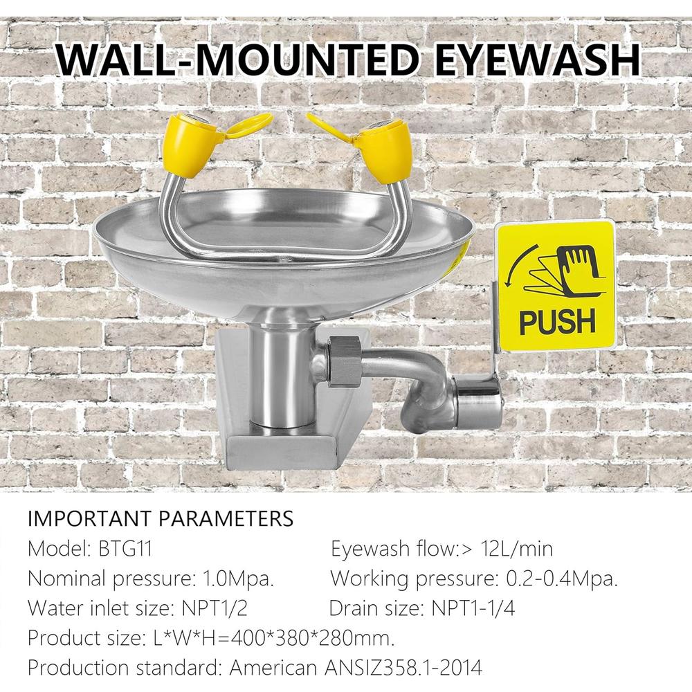 CGoldenWall Eye Wash Station Wall Mounted Eyewash Station Emergency Eye Face Washing Station, 304 Stainless Steel Bowl+Eyewash Sign, NPT Th
