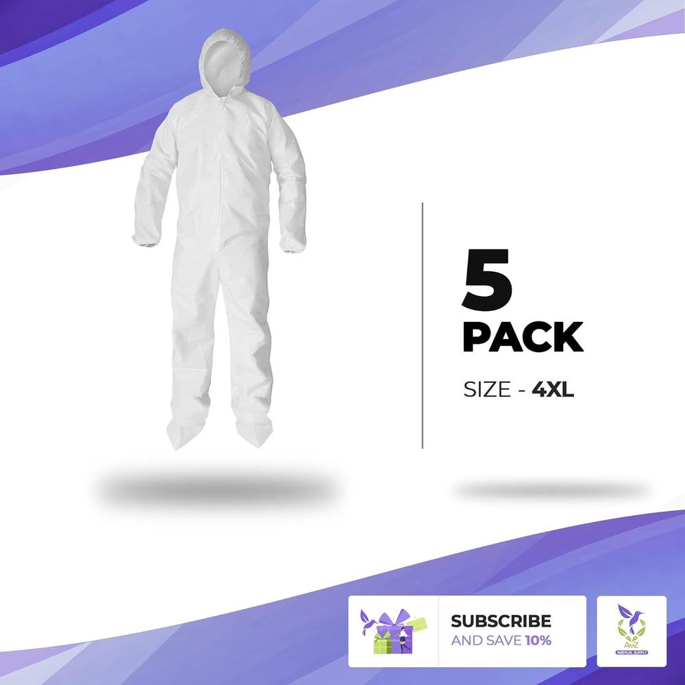 AMZ Medical Supply Hazmat Suits Disposable 4X-Large. Pack of 5 Disposable Coveralls. 60 gsm Microporous Protective Suits with Attached Hood, Boots
