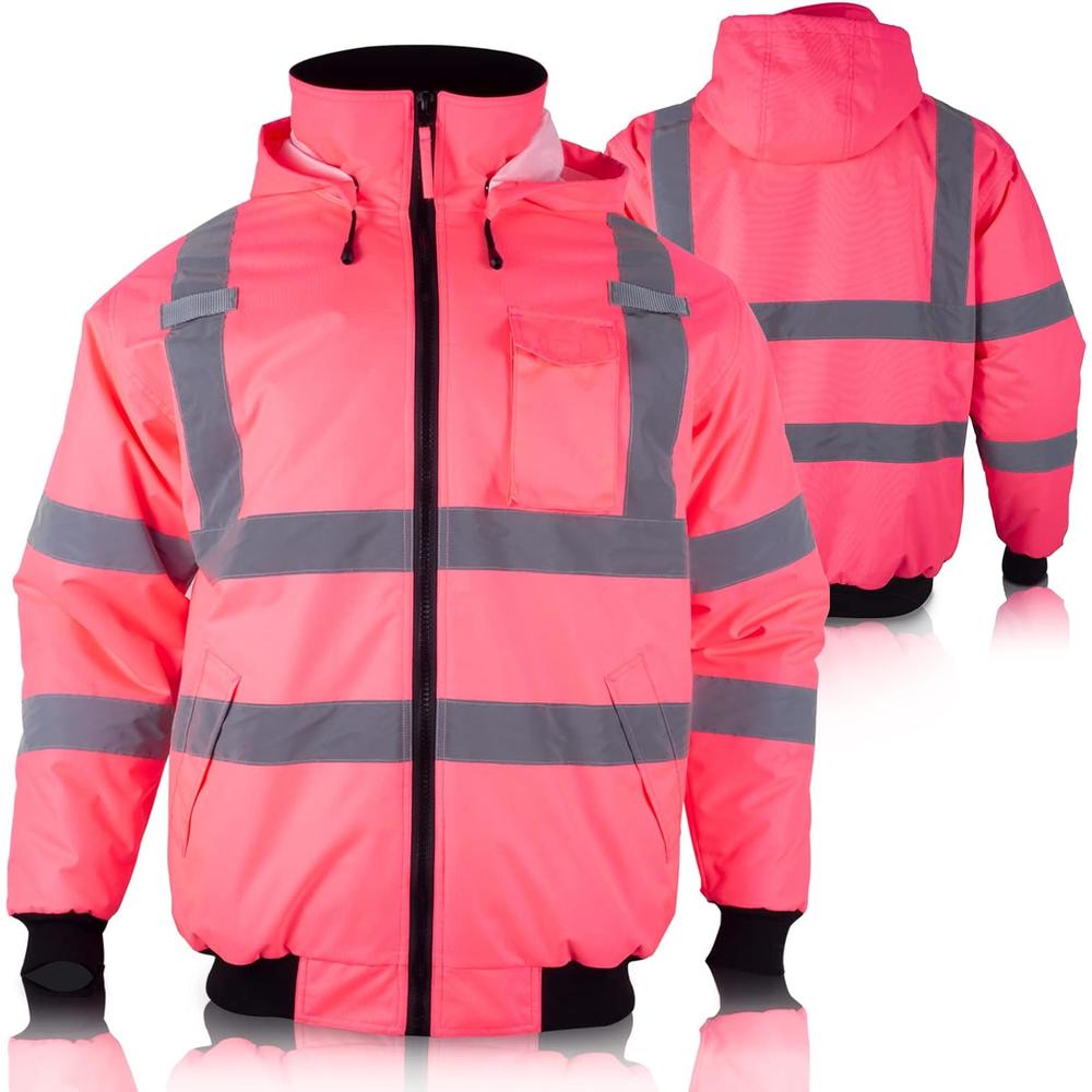 Generic VENDACE Hi Vis Reflective Safety Winter Bomber Jacket Hoodie for Women ANSI High Visibility Pink Quilted Lining Jacket
