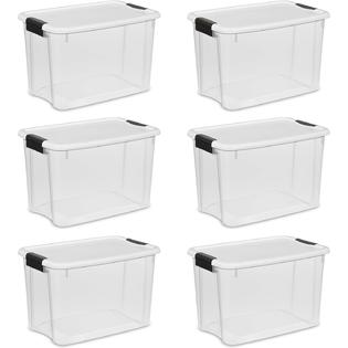 Sterilite 19859806, 30 Quart/28 Liter Ultra Latch Box, Clear with a White  Lid and Black Latches, 6-Pack
