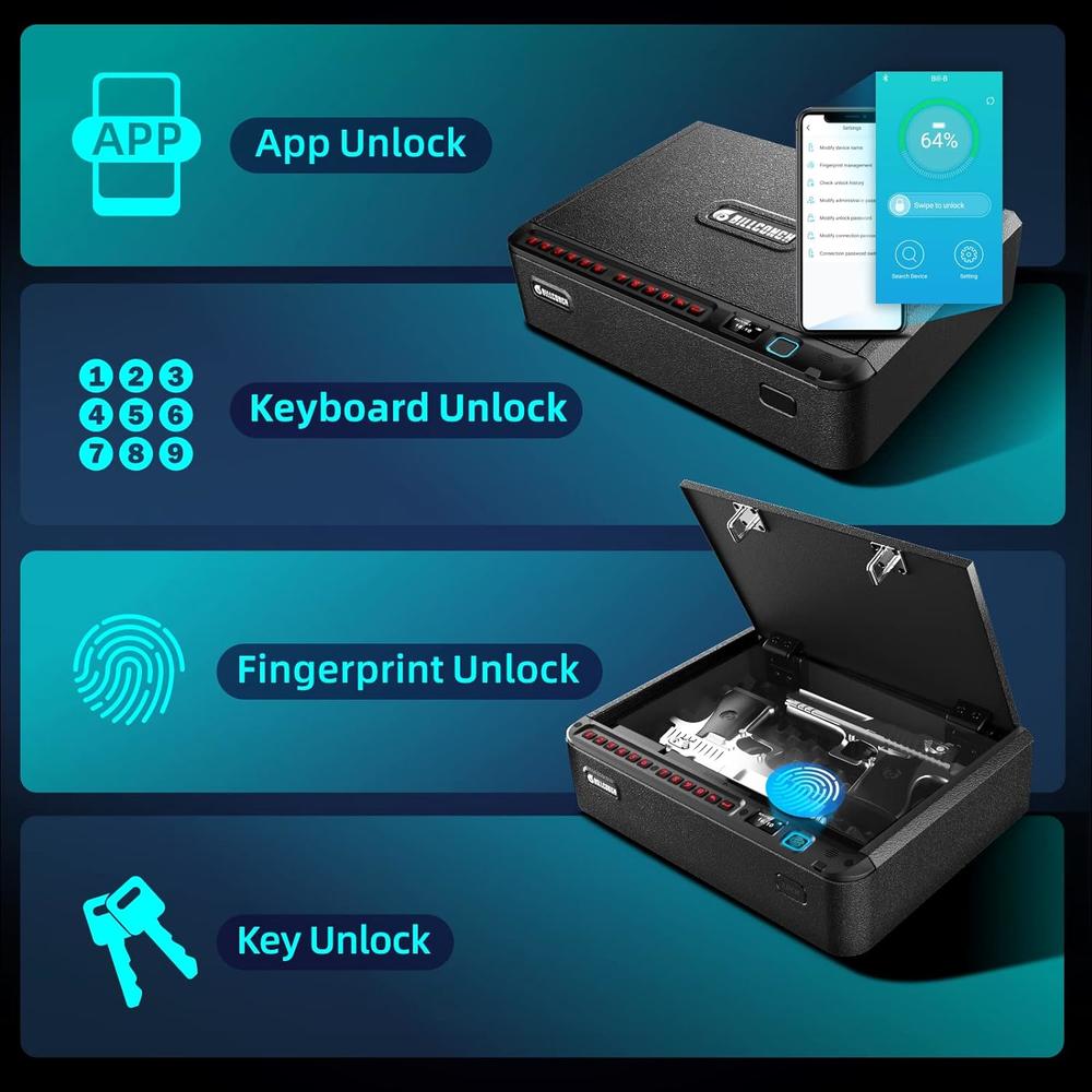 BILLCONCH Smart Gun Safe - Biometric Gun Safe for Pistols with Fingerprint/Full-digital Keypad/Key/Smartphone Lock, Quick-Access Pistol S