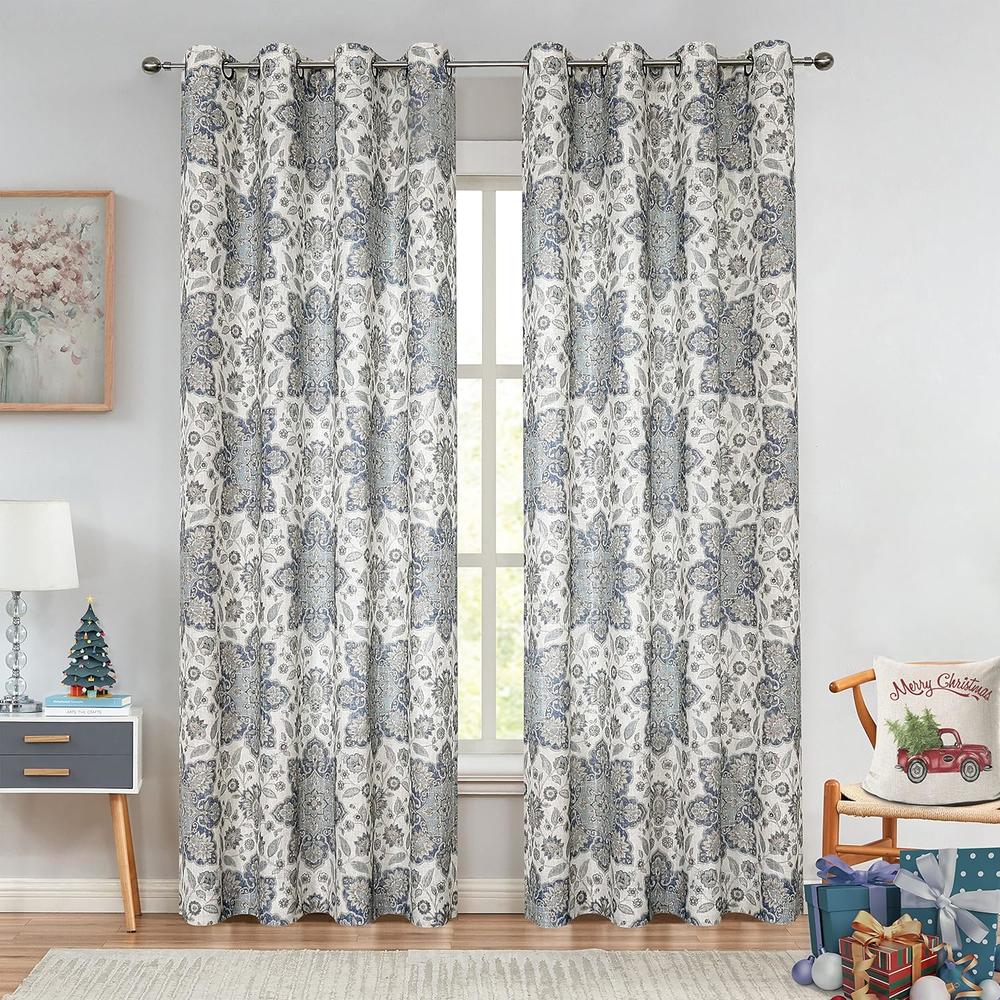 Central Park Blue Floral Print Grommet Window Curtain Panel 84 Inches Long Light Filtering Botanical Leaf Drapes for Christmas Bedroom and L