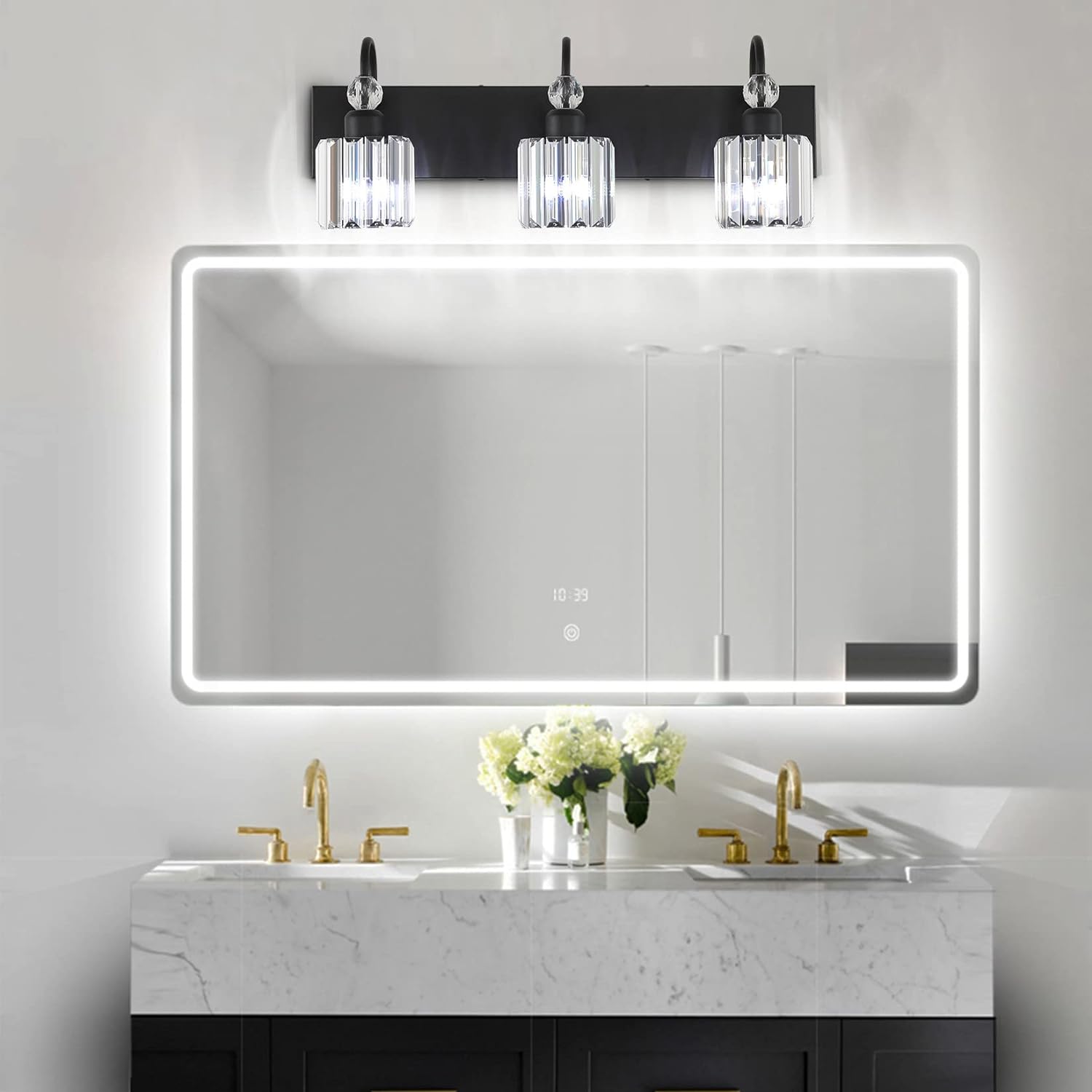 Ralbay Modern Crystal Vanity Light 3-Lights Modern Crystal Vanity Lights for Bathroom Matte Black Crystal Bath Wall Light Fixtures Mod