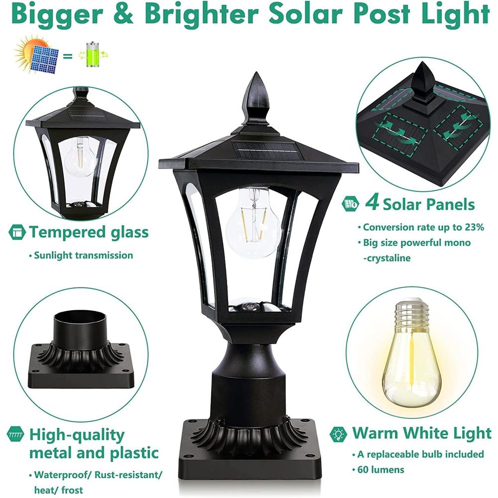 PASAMIC Outdoor Solar Post Light Fixture with 3" Pier Mount Base, Dusk to Dawn Outdoor Solar Lamps for Garden Post Pole Mount, Lan