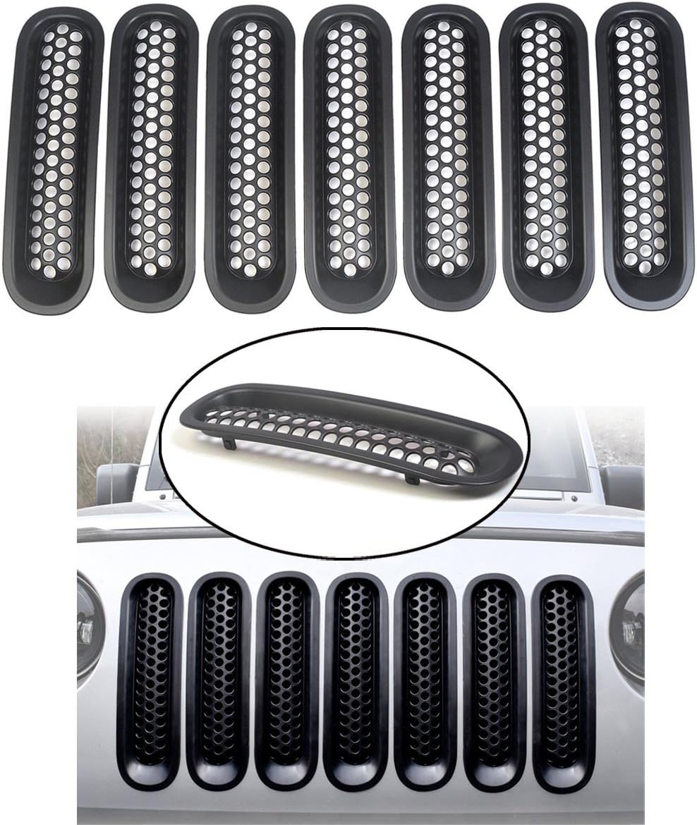 Tongbest Bestong [Upgrade Clip in Version] 7 Pcs Front Mesh Grille Front Grill Inserts Kit Compatible for Jeep Wrangler Rubicon Sahara J