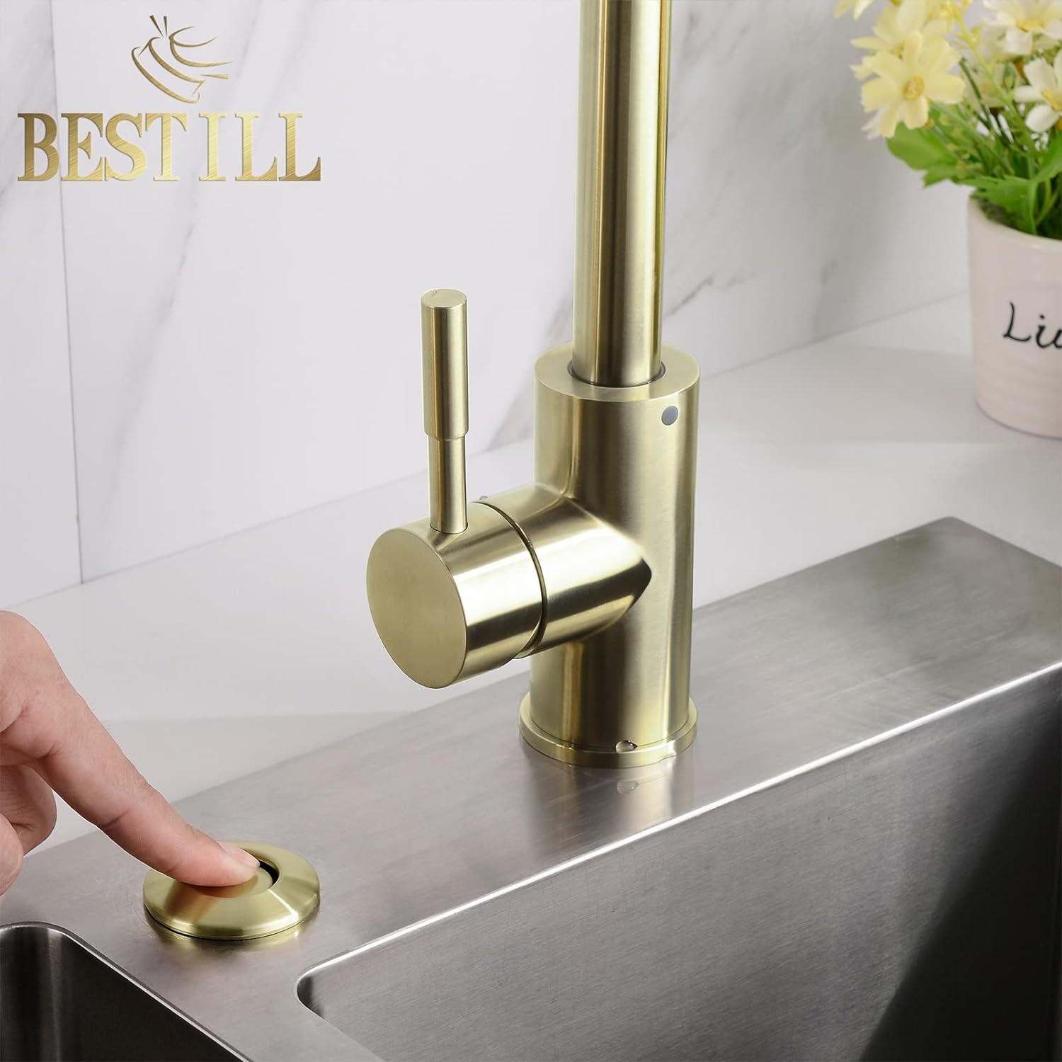 BeStill Sink Top Garbage Disposal Air Switch Kit with Dual Outlet, Brushed Gold (Long Push Button with Brass Cover)