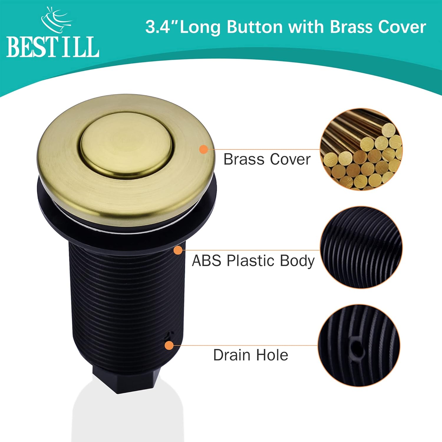 BeStill Sink Top Garbage Disposal Air Switch Kit with Dual Outlet, Brushed Gold (Long Push Button with Brass Cover)
