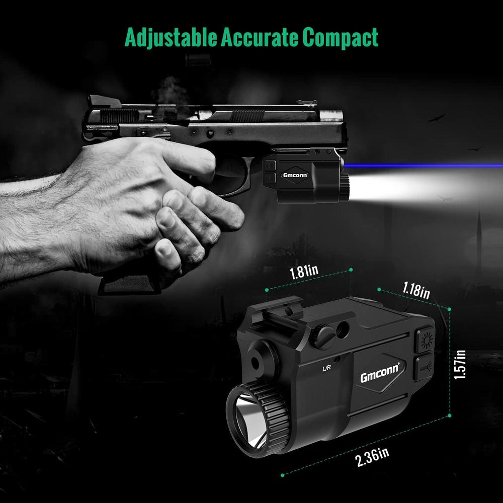 Gmconn Gun Light Laser Sight Weapon Pistol Flashlight 650 Lumen with Blue Laser Sight Combo, Built in USB Rechargeable Battery