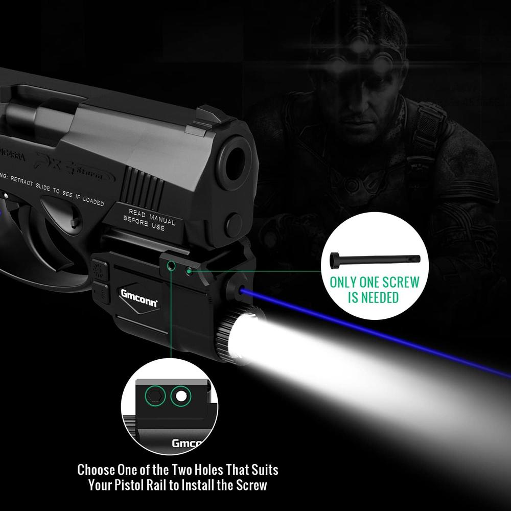 Gmconn Gun Light Laser Sight Weapon Pistol Flashlight 650 Lumen with Blue Laser Sight Combo, Built in USB Rechargeable Battery