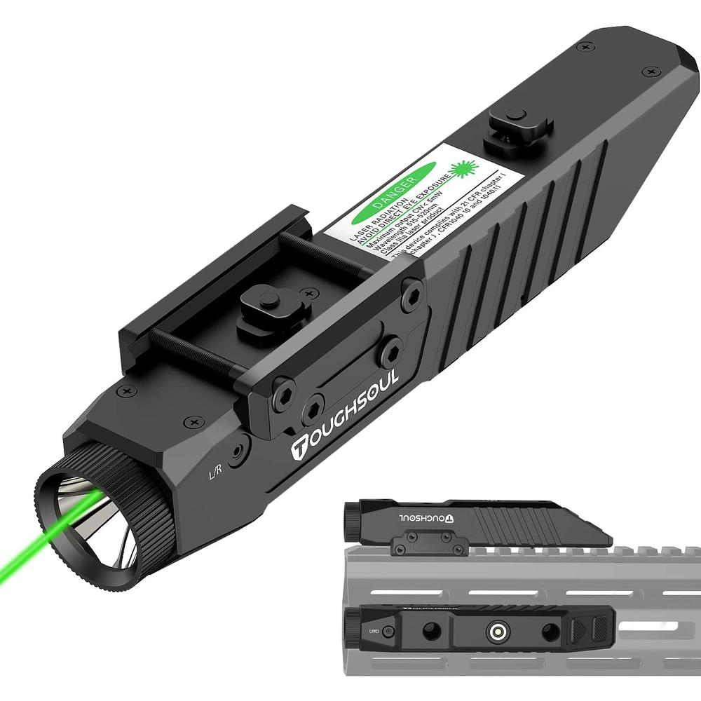 TOUGHSOUL Tactical Flashlight Green Laser Sight Combo, 1450 Lumen Picatinny Rail MLOK Mounted Rechargeable Rifle Flashlight
