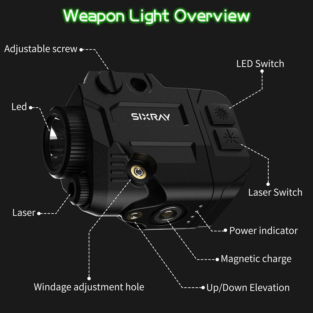 SIXRAY 500 Lumens LED Pistol Light with Blue Beam Laser Combo, Magnetic Charging Tactical Flashlight for Picatinny and Glock Rail, Han