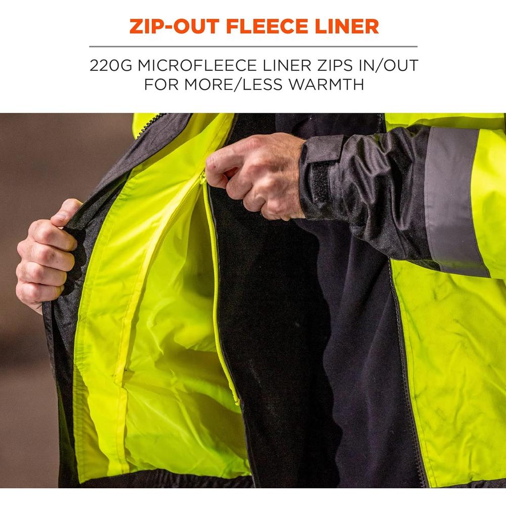 ERGODYNE High Visibility Reflective Winter Bomber Jacket, Zip Out Fleece Liner, ANSI Compliant,  GloWear 8379