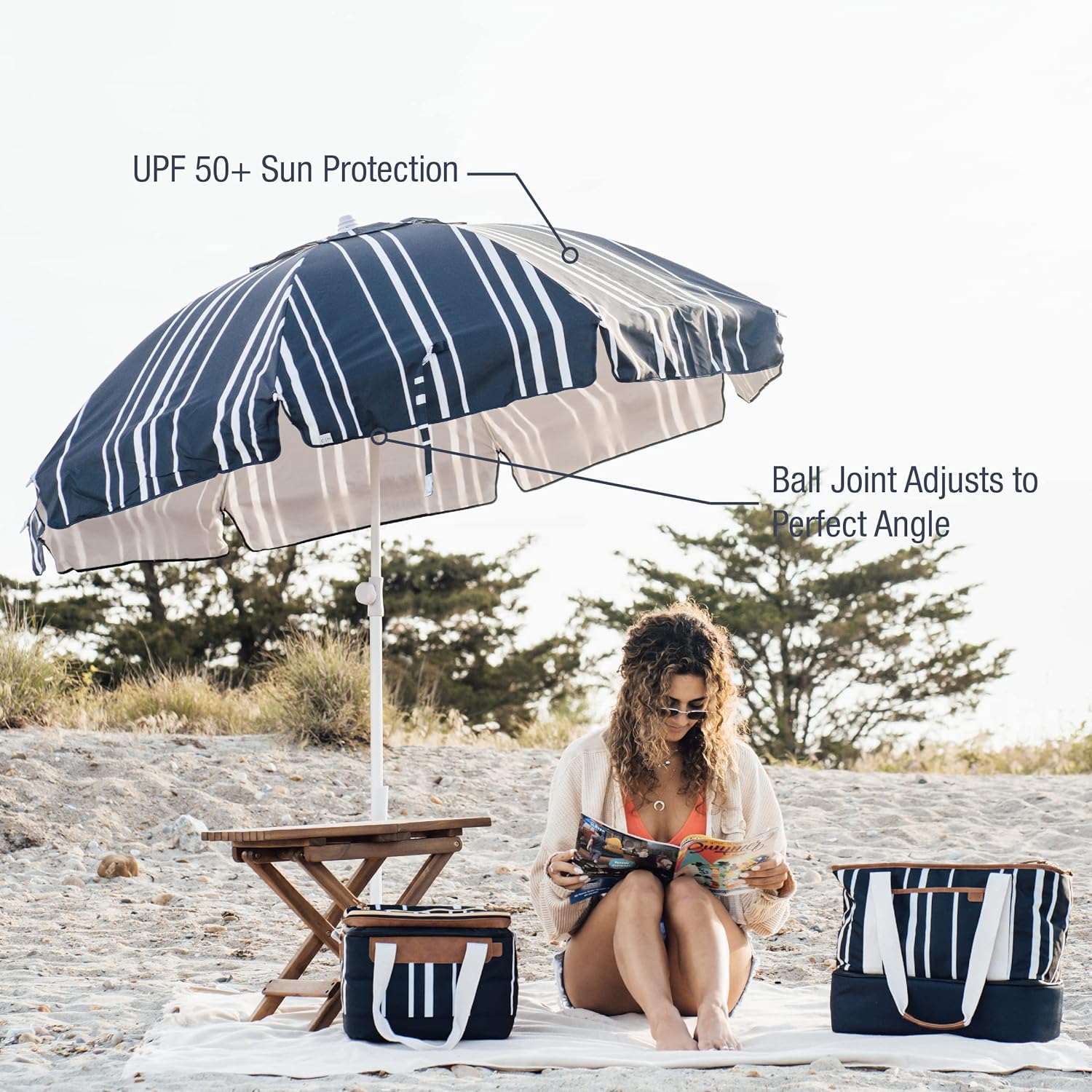 CleverMade Premium Malibu Beach Umbrella; Wind Resistant with Sand Anchor and Carry Bag; UPF 50+ Sun Protection; Perfect for Picnic, Backy