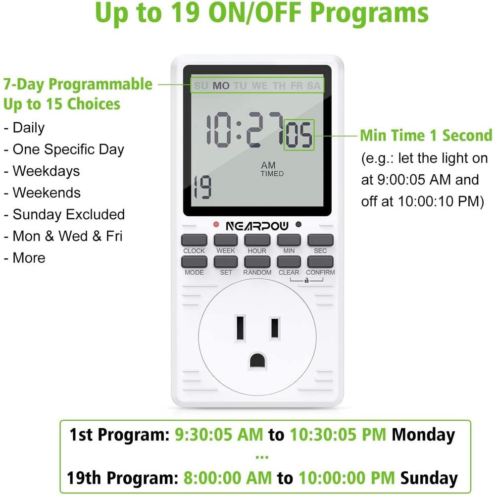 NearPow [2 Pack] Outlet Timer,  Multifunctional Programmable Timer with Countdown and 7-Day Digital Infinite Repeat Cycle Intermittent,