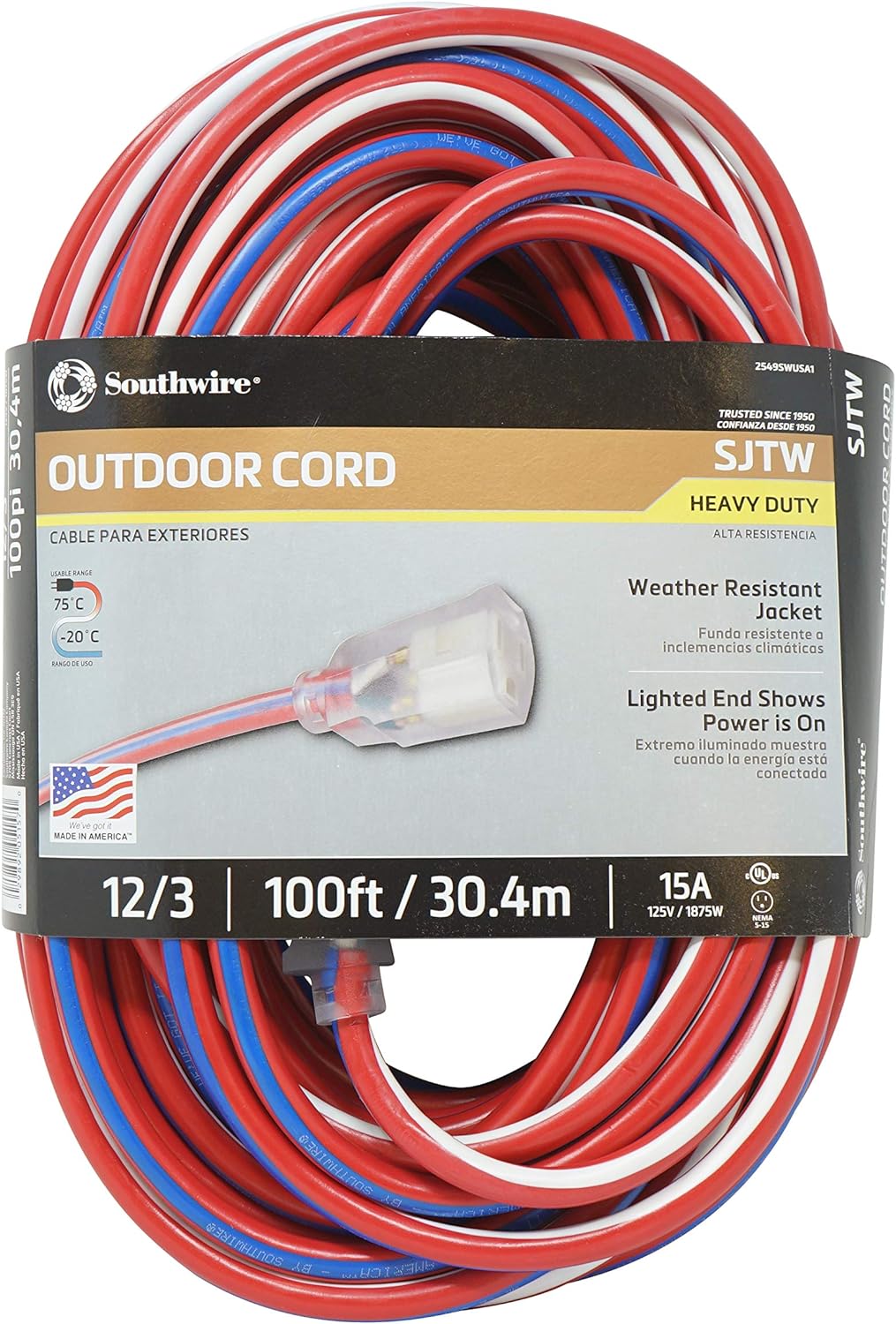 SOUTHWIRE 2549SWUSA1 100-Feet, Contractor Grade, 12/3 Extension Cord, With Lighted End; Red White And Blue, American Made Extension Cord,