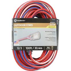 SOUTHWIRE 2549SWUSA1 100-Feet, Contractor Grade, 12/3 Extension Cord, With Lighted End; Red White And Blue, American Made Extension Cord,