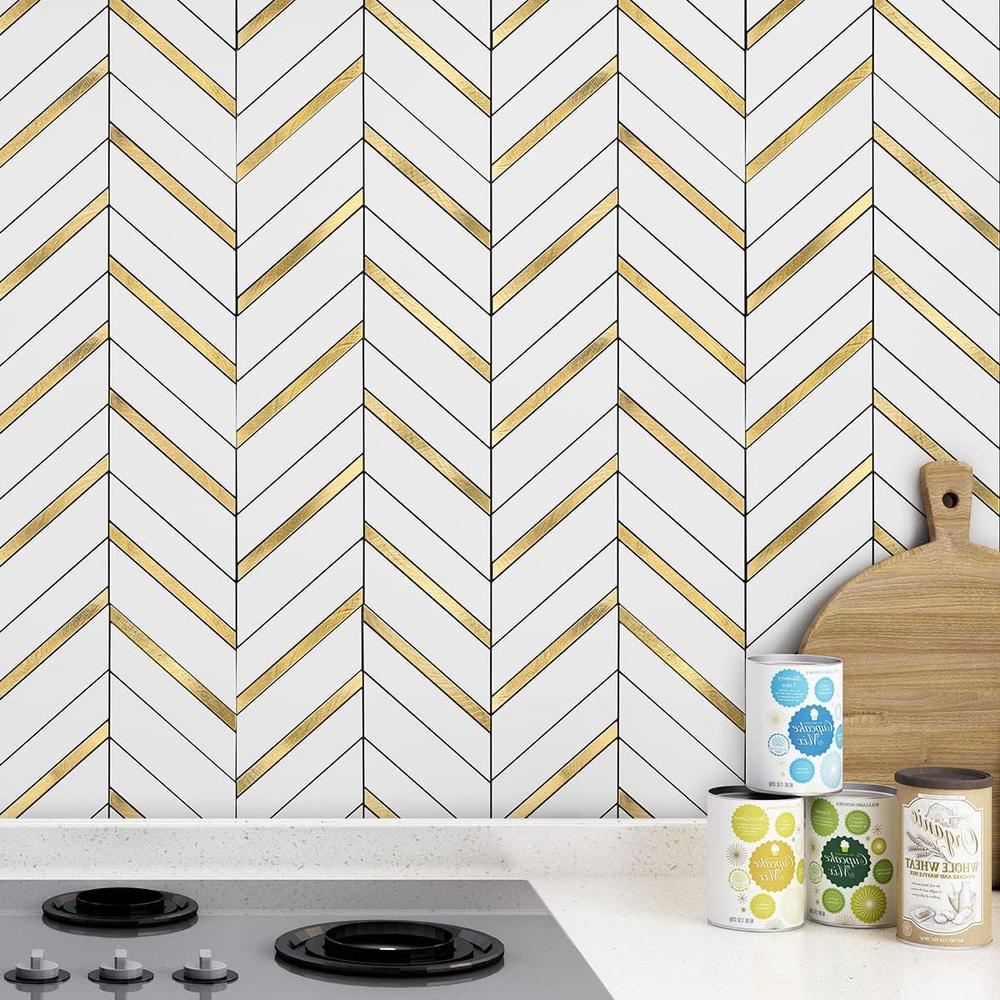 Art3d 10-Sheet Herringbone Peel and Stick Backsplash, Self Adhesive Marble Tiles Stick on Wall Tiles for Kitchen, Bathroom.(White Mix