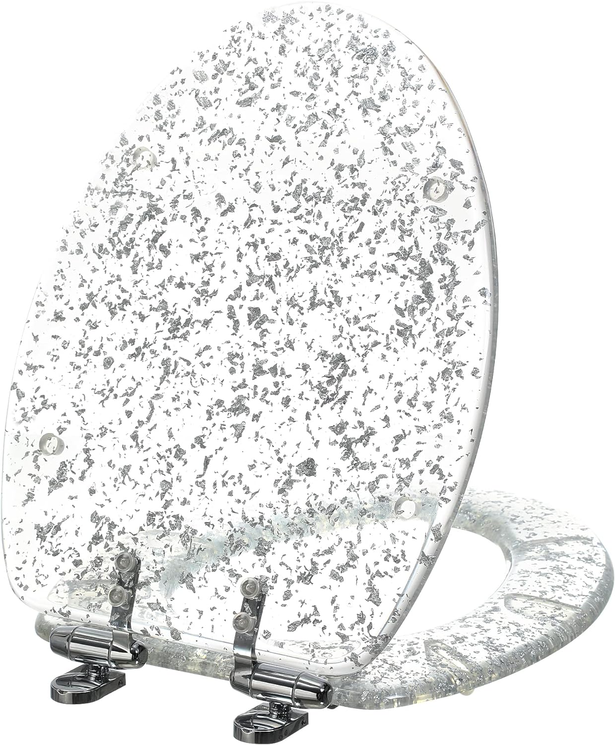 Angol Shiold Resin Toilet Seat Elongated Soft Close Quick Release Heavy Duty Toilet Seats with Glitter Cover Acrylic Seats Silver Foil 19 In