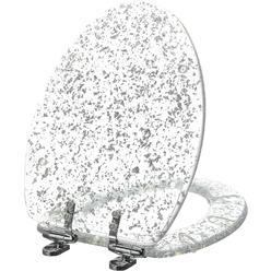 Angol Shiold Resin Toilet Seat Elongated Soft Close Quick Release Heavy Duty Toilet Seats with Glitter Cover Acrylic Seats Silver Foil 19 In