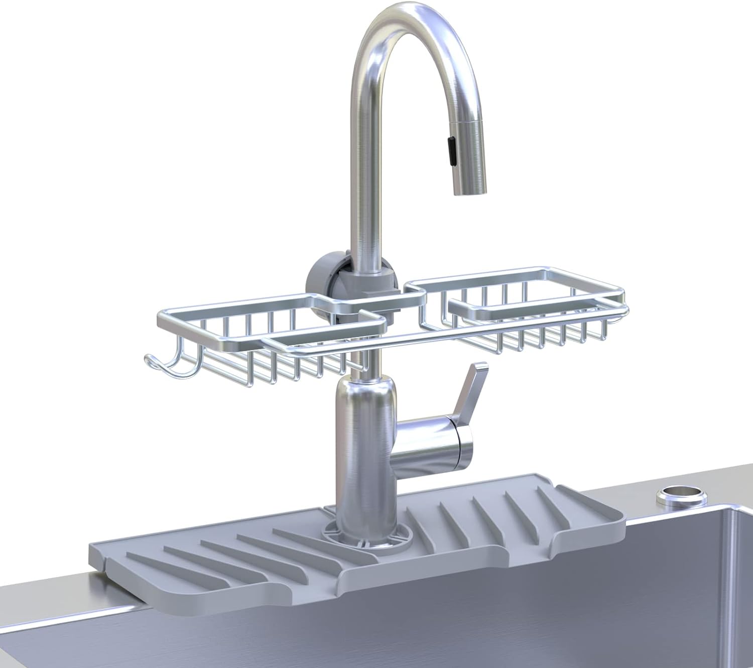 ISABETTA Faucet Sponge Holder with Hook and Silicone Faucet Sink Mat Sink Splash Guard Set,Detachable Hanging Faucet Drain Rack,Kitchen