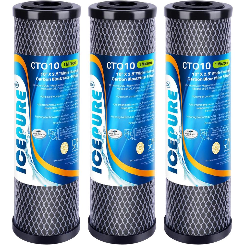 ICEPURE 1 Micron 2.5" x 10" Whole House CTO Carbon Sediment Water Filter Cartridge Compatible with DuPont WFPFC8002, WFPFC900