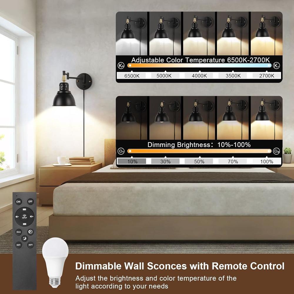 trlife Wall Sconces Plug in, Remote Control Dimmable Wall Sconce and Adjustable 2700K-6500K Colors Wall Lights with 6FT Plug in Cord,