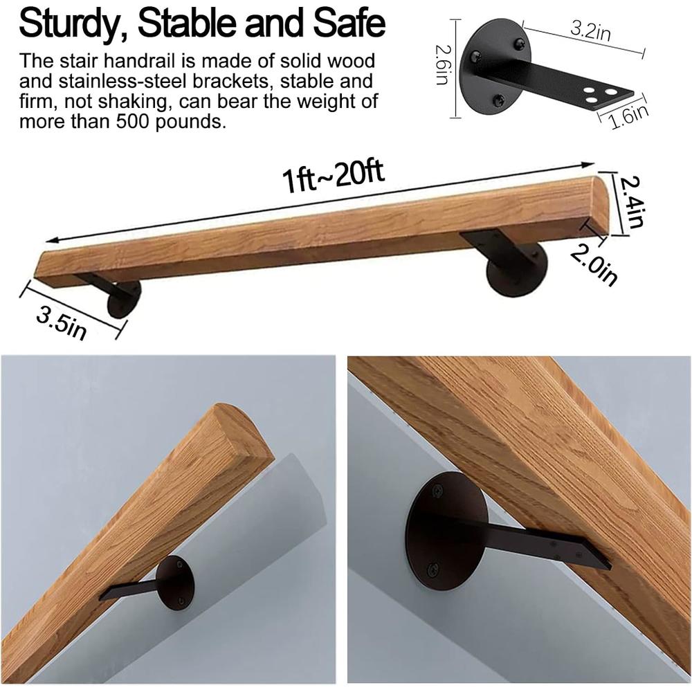 JuneFanwei 3FT Wooden Stair Handrails, Hand Railings for Stairs Indoor Outdoor, Sturdy Safety Wall Mount Support, Non-Slip Staircase Handr