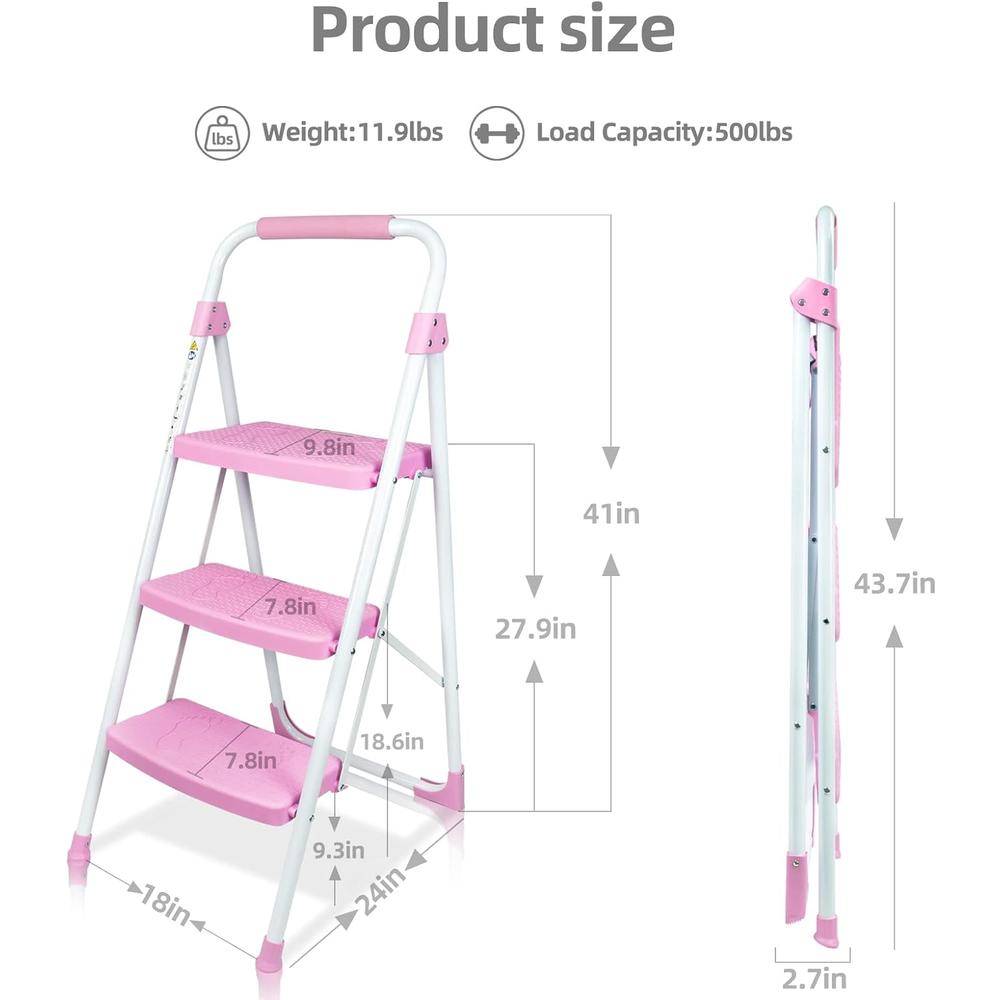 Toolitin 3 Step Ladder, Folding Step Stool with Wide Anti-Slip Pedal, 500lbs Sturdy Steel Ladder, Convenient Handgrip, Lightweight, Port