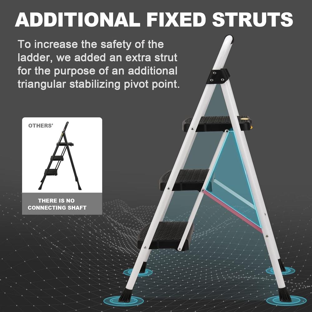 HBTower 3 Step Ladder, Folding Step Stool with Unique Snap-Lock Design, 500 lb. Capacity Sturdy Steel Ladder, Lightweight, Portable Ste