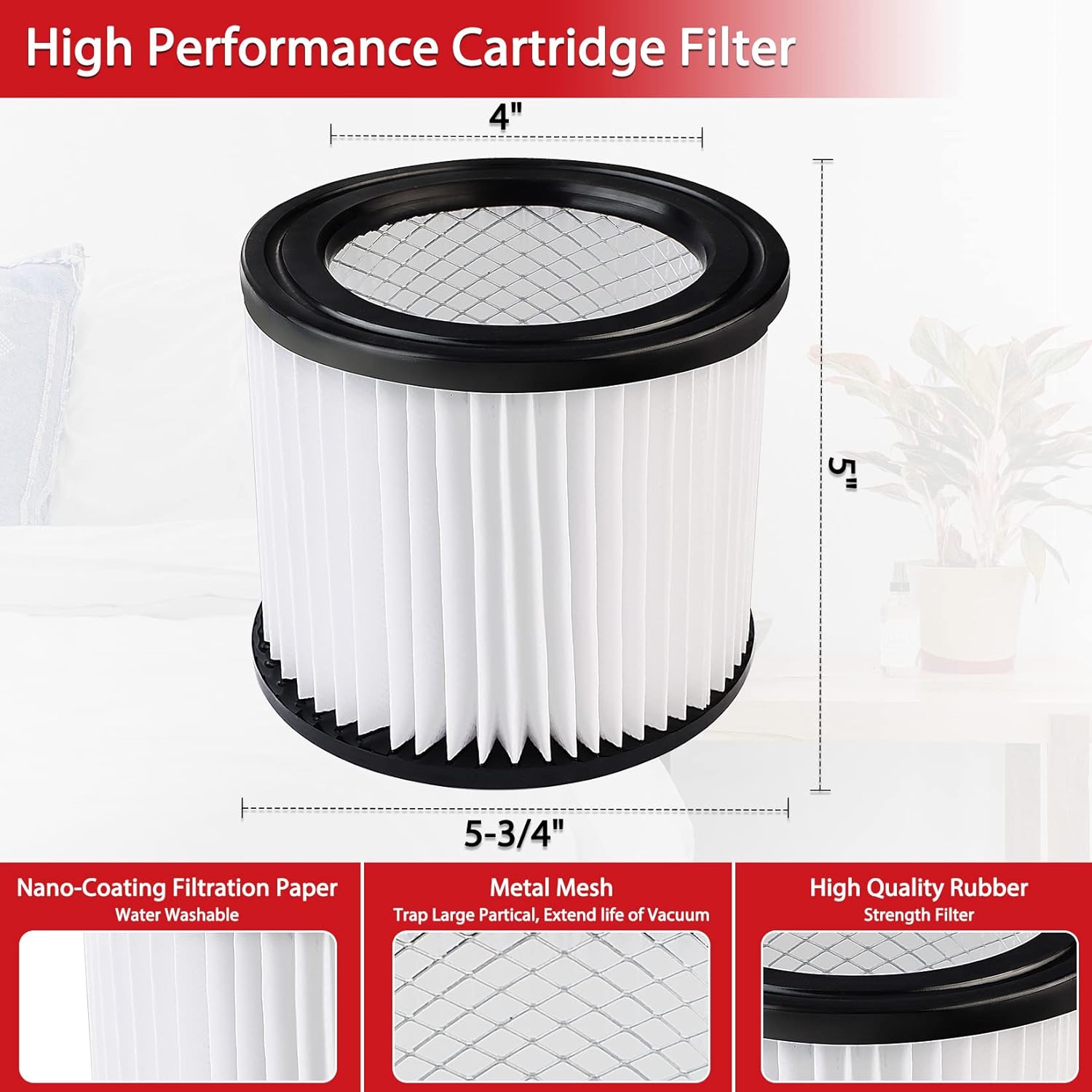 Shop-Vac High Performance 90398 Cartridge Filter, Fits Most  Wet/Dry Vacuums of 4 Gallon and less, High Efficiency Nanofiber Filtration