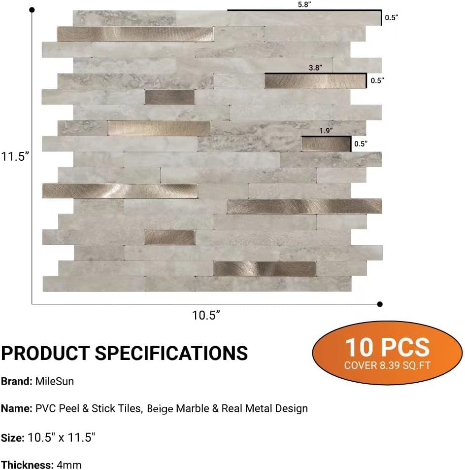 Generic MileSun 10 Sheets Peel and Stick PVC Backsplash Mosaic Tile, 10.5 Inch x 11.5 Inch Stick on Tiles for Backsplash Kitchen, Bathr