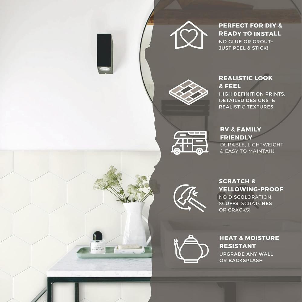 Avant Decor | 30 Tiles | Stone Composite Hexagon Solid Color | Peel and Stick Kitchen Backsplash Tiles | Stick On Wall Tiles | Easy DIY Ins