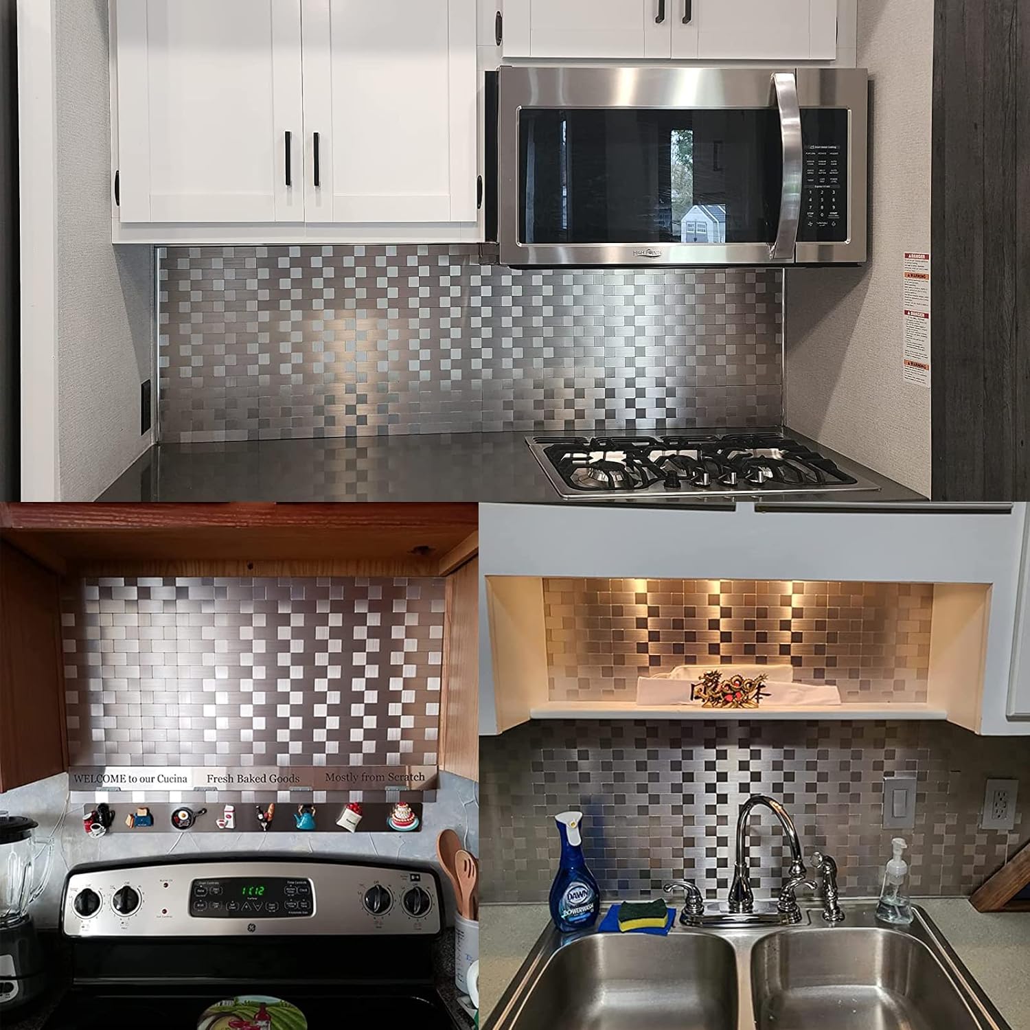 Yipscazo 10-Sheets Peel and Stick Backsplash for Kitchen, Stick on Stainless Steel Backsplash Metal Tiles for Kitchen Walls (12''x12'')