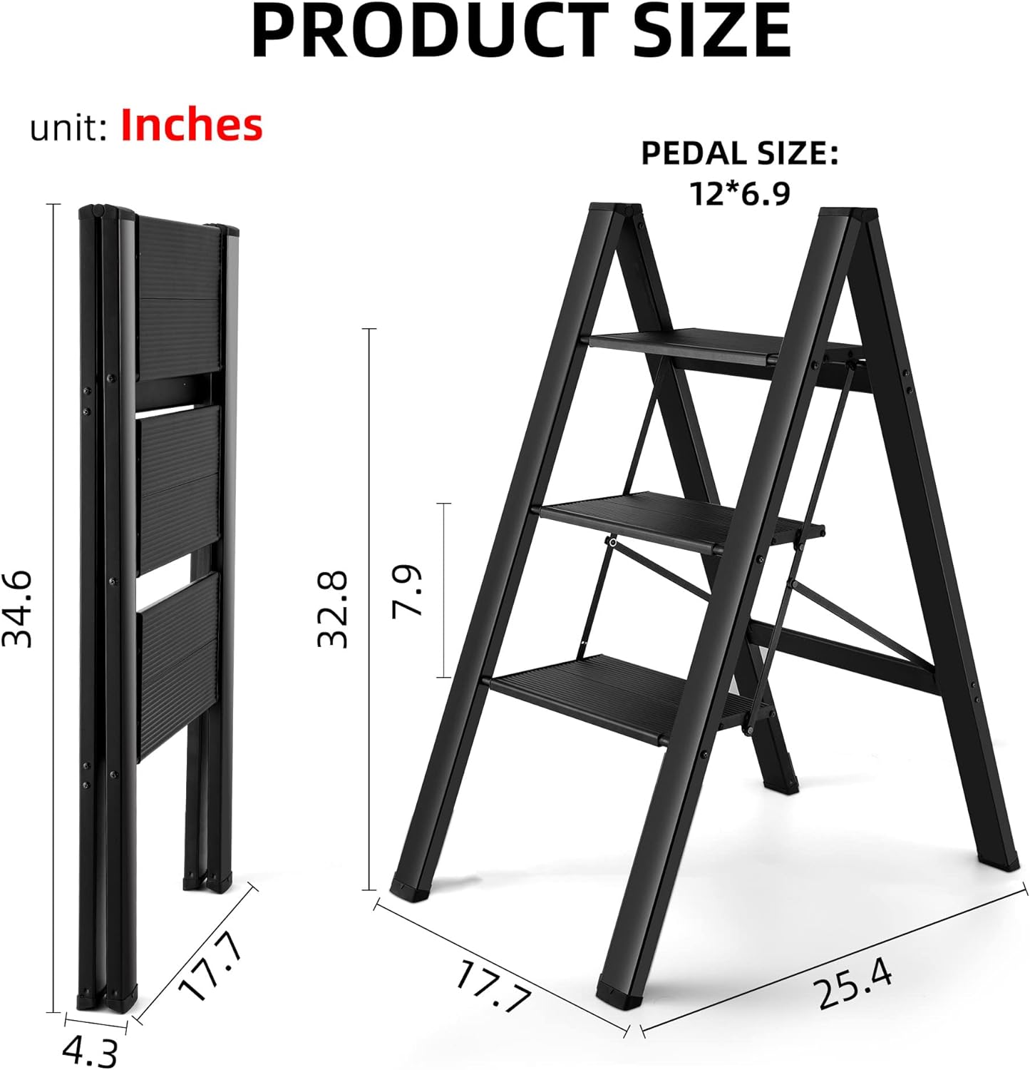 flygeneral 4 Step Ladder, Gold Aluminum Folding Ladder Stool, Wider Upgraded Non-Slip Treads, Portable Lightweight Ladder for H