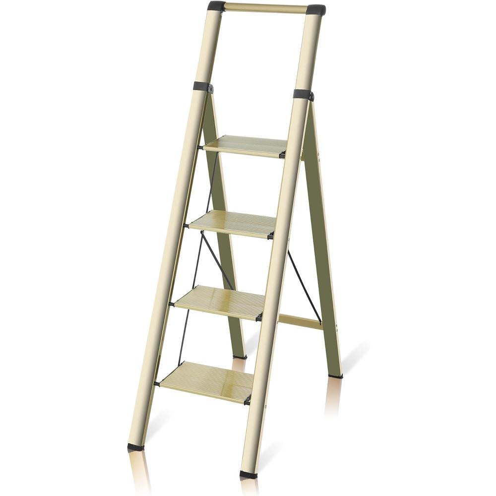 flygeneral 4 Step Ladder, Gold Aluminum Folding Ladder Stool, Wider Upgraded Non-Slip Treads, Portable Lightweight Ladder for H